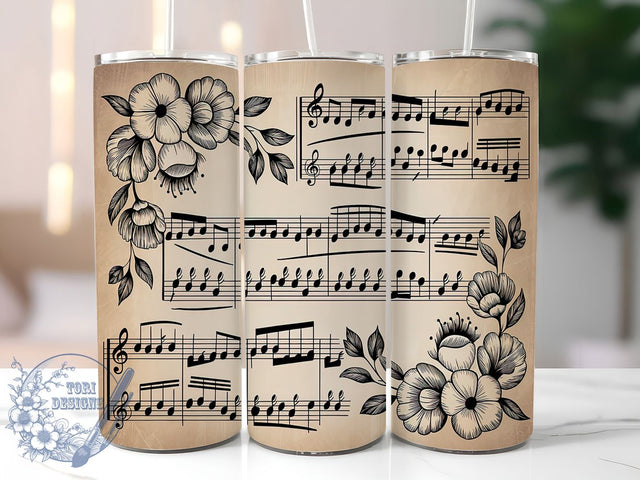 Floral Sheet Music Notes Tumbler Wrap, Floral Sheet Music Cup, Musical Theme Sublimation, Vintage Music Lover Tumbler, Artistic Piano Notes Wrap, Elegant Music Drinkware Sublimation ToriDesigns 