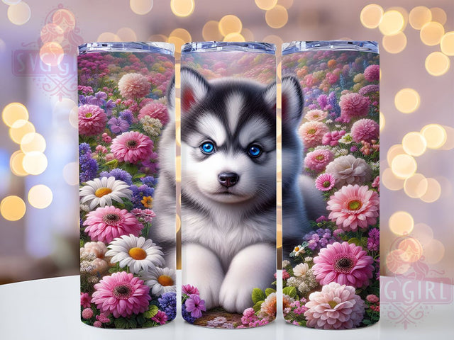 Floral Siberian Husky Puppy Tumbler, Watercolor Flowers, Cute Dog Art, Floral Puppy Design, Adorable Husky Graphic, 20oz Tumbler, Sublimation Design Sublimation SvggirlplusArt 