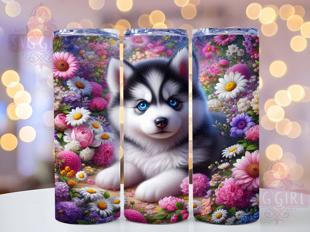 Floral Siberian Husky Puppy Tumbler, Watercolor Flowers, Cute Dog Art, Floral Puppy Design, Adorable Husky Graphic, 20oz Tumbler, Sublimation Design Sublimation SvggirlplusArt 