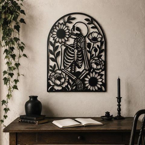 Floral Skeleton Laser SVG | Gothic Skeleton Wall Art | Memento Mori DXF | CNC Plasma Cut File | Macabre Flower Metal Decor SVG HappyDesignStudio 