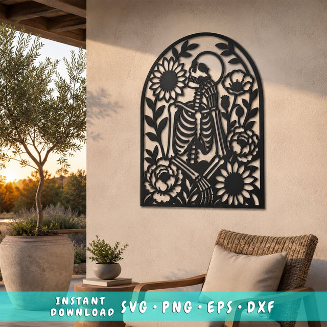 Floral Skeleton Laser SVG | Gothic Skeleton Wall Art | Memento Mori DXF | CNC Plasma Cut File | Macabre Flower Metal Decor SVG HappyDesignStudio 