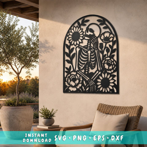 Floral Skeleton Laser SVG | Gothic Skeleton Wall Art | Memento Mori DXF | CNC Plasma Cut File | Macabre Flower Metal Decor SVG HappyDesignStudio 