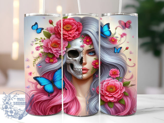 Floral Skull 20oz Skinny Tumbler, Vibrant Flower Tumbler Png, Straight & Tapered Tumbler Wrap, Instant Digital Download Sublimation ToriDesigns 