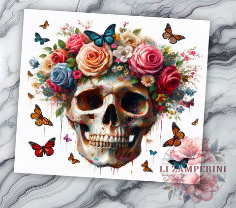 Floral Skull 20oz Tumbler Wrap PNG, Skull Halloween Tumbler Png, Straight & Tapered Tumbler Wrap, Instant Digital Download Sublimation Li Zamperini 