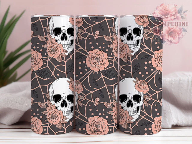 Floral Skull Cute Gothic Halloween Tumbler, Floral Skull Wrap, Cute Spooky PNG, 20oz Sublimation Design, Spider Web Cup Art, Gothic Floral Tumbler, Pastel Halloween Wrap Sublimation Li Zamperini 