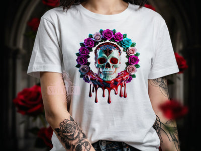 Floral Skull Design T-Shirt PNG, Floral Skull, Gothic Style, Bloom Vibes, Dark Fashion, Sublimation PNG, Statement Shirt, Trendy Apparel Sublimation SvggirlplusArt 