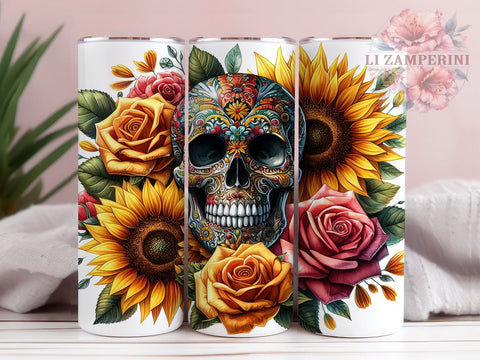 Floral Skull Halloween 20oz Tumbler Wrap PNG, Sunflower Skull Tumbler Png, Straight & Tapered Tumbler Wrap, Instant Digital Download Sublimation Li Zamperini 