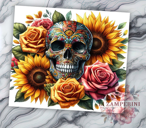 Floral Skull Halloween 20oz Tumbler Wrap PNG, Sunflower Skull Tumbler Png, Straight & Tapered Tumbler Wrap, Instant Digital Download Sublimation Li Zamperini 