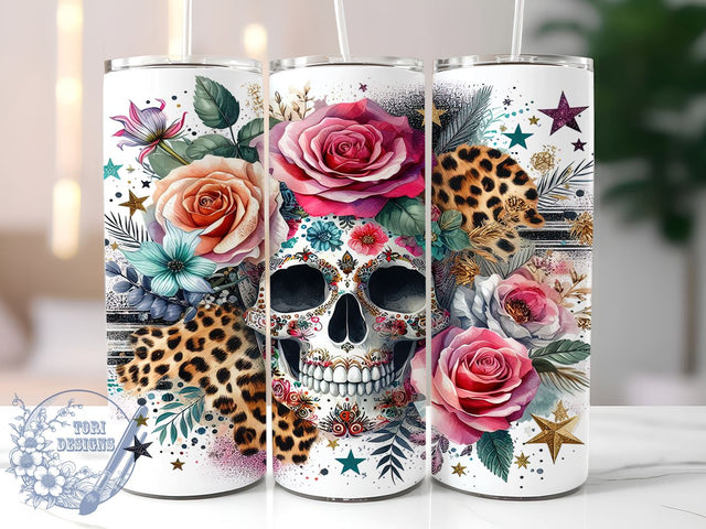 Floral Skull Leopard 20oz Skinny Tumbler, Skull Tumbler Png, Straight & Tapered Tumbler Wrap, Instant Digital Download Sublimation ToriDesigns 
