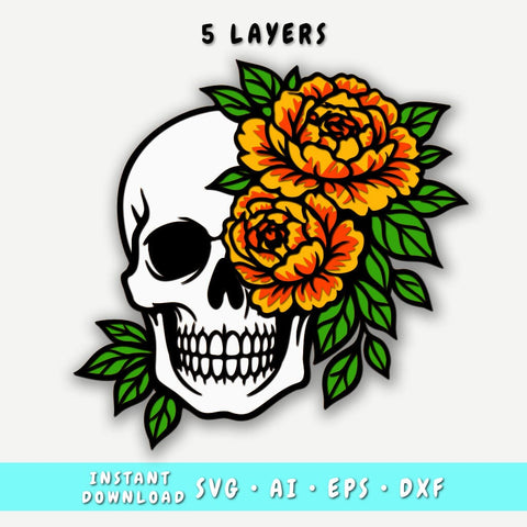 Floral Skull Multilayer SVG, 5 Layer Flower Skull Cut File, 3D Skull SVG for Cricut & Laser, Skull With Flowers DXF SVG HappyDesignStudio 