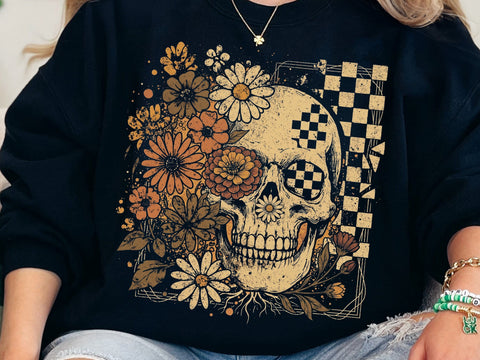 Floral Skull PNG, Checkered Gothic Skeleton Design SVG DesignDestine 