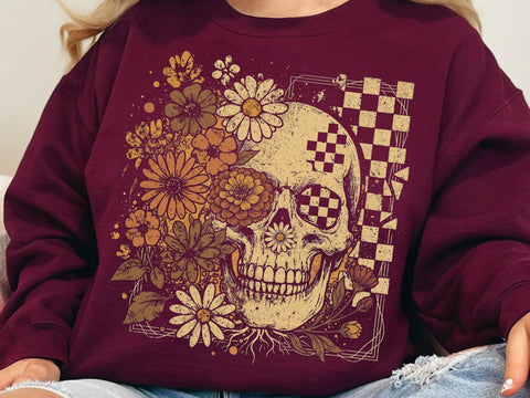 Floral Skull PNG, Checkered Gothic Skeleton Design SVG DesignDestine 