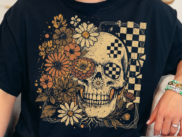 Floral Skull PNG, Checkered Gothic Skeleton Design SVG DesignDestine 
