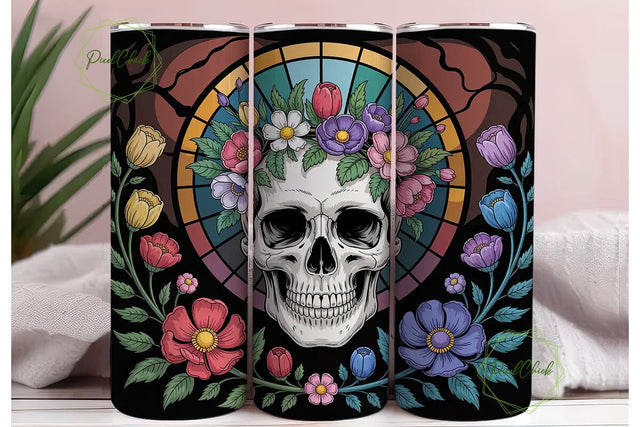 Floral Skull Stained Glass 20oz Tumbler Sublimation PixelChick 