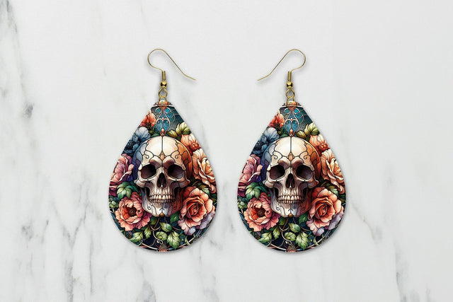 Floral Skull Teardrop Earring Sublimation PNG Sublimation BijouBay 