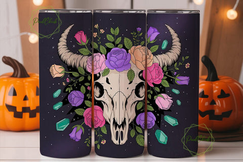 Floral Skull Tumbler Wrap PNG Sublimation PixelChick 