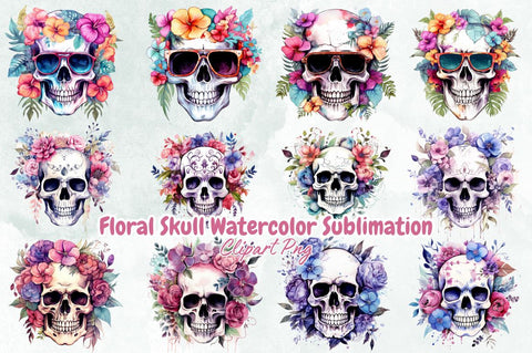 Floral Skull Watercolor Sublimation Bundle Sublimation Designangry 