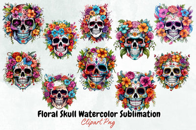 Floral Skull Watercolor Sublimation Bundle Sublimation Designangry 