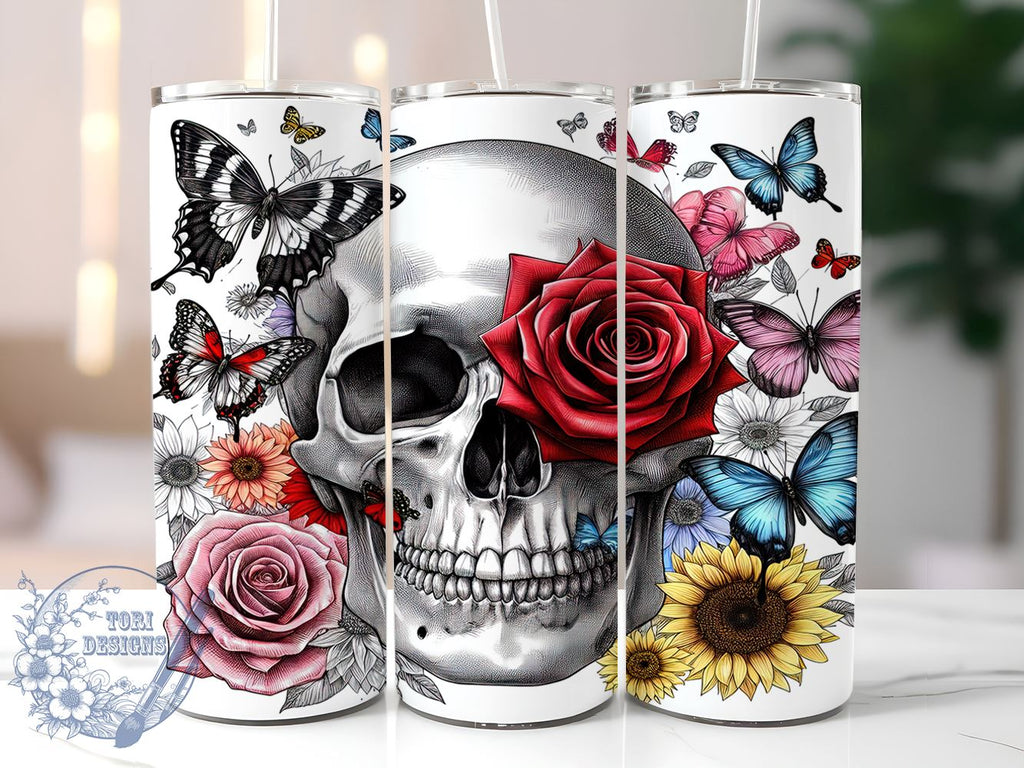 Floral Skulls 20oz Skinny Tumbler, Halloween Skulls Tumbler Png ...