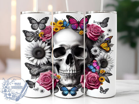 Floral Skulls 20oz Skinny Tumbler, Halloween Skulls Tumbler Png, Straight & Tapered Tumbler Wrap, Instant Digital Download Sublimation ToriDesigns 