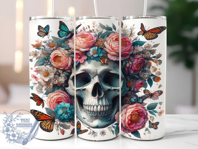 Floral Skulls 20oz Skinny Tumbler, Halloween Skulls Tumbler Png, Straight & Tapered Tumbler Wrap, Instant Digital Download Sublimation ToriDesigns 