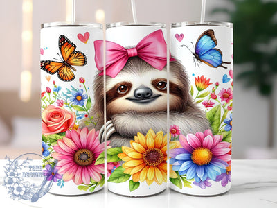 Floral Sloth 20oz Skinny Tumbler, Summer Flowers Baby Sloth Tumbler Png, Straight & Tapered Tumbler Wrap, Instant Digital Download Sublimation ToriDesigns 