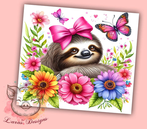 Floral Sloth 20oz Tumbler Png, Straight & Tapered Tumbler Png, Summer Flowers Baby Sloth Tumbler Png, Digital Download PNG Sublimation Lara' s Designs 