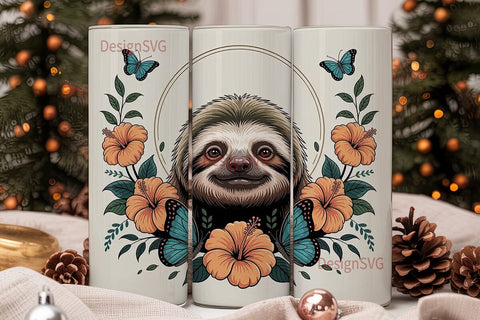 Floral Sloth 20oz Tumbler Wrap Sublimation DesignSVG 