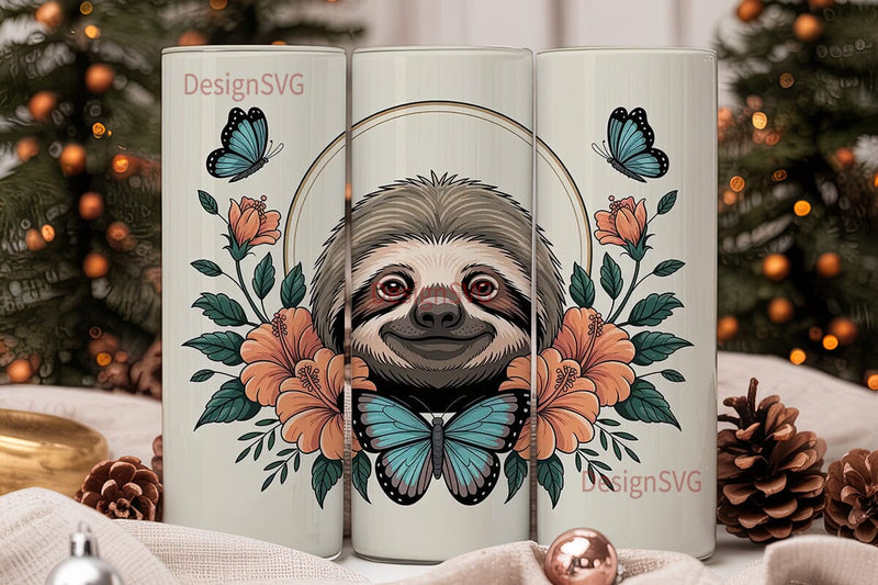 Floral Sloth 20oz Tumbler Wrap Sublimation DesignSVG 