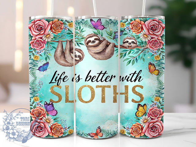 Floral Sloth Whimsical Nature 20oz Tumbler, Whimsical Watercolor, Sloth Lover, Cute Animal, Nature Theme, Skinny Tumbler, Sublimation PNG Sublimation ToriDesigns 
