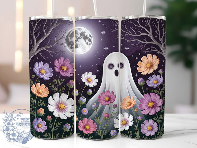 Floral Spooky Gothic Halloween Ghost Tumbler, Halloween Flowers Wrap, Spooky Floral Cup, Kawaii Ghost Design, 20Oz Sublimation Wrap, Gothic Floral Drinkware, Autumn Ghost Tumbler Sublimation ToriDesigns 