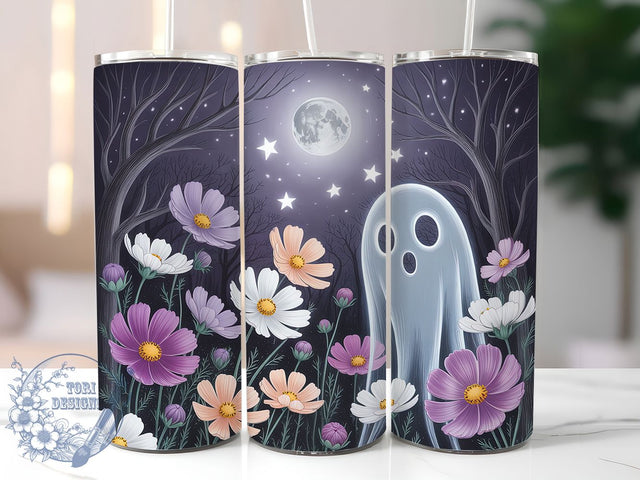 Floral Spooky Gothic Halloween Ghost Tumbler, Halloween Flowers Wrap, Spooky Floral Cup, Kawaii Ghost Design, 20Oz Sublimation Wrap, Gothic Floral Drinkware, Autumn Ghost Tumbler Sublimation ToriDesigns 
