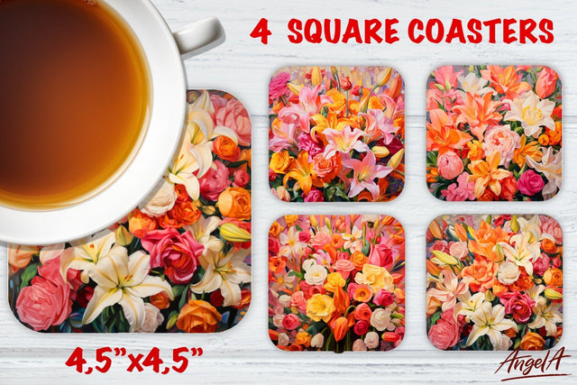 Floral square coaster, lilies flowers Sublimation Angelina Semenova 