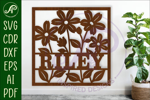 Floral square name wall art sign, SVG file SVG APInspireddesigns 
