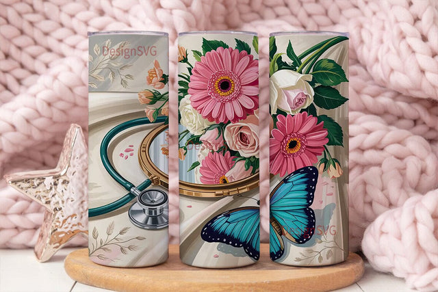 Floral Stethoscope 20oz Tumbler Wrap Sublimation DesignSVG 