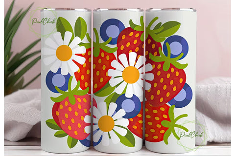 Floral Strawberry Daisy Tumbler Wrap Sublimation PixelChick 