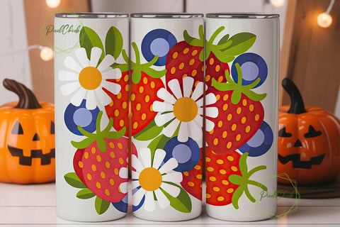 Floral Strawberry Daisy Tumbler Wrap Sublimation PixelChick 