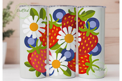 Floral Strawberry Daisy Tumbler Wrap Sublimation PixelChick 
