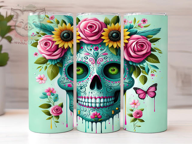 Floral Sugar Skull Day Of The Dead Tumbler, Floral Calavera Wrap, 20Oz Sublimation Design, Day Of The Dead Cup, Colorful Skull Drinkware, Mexican Skull Gift, Dia De Los Muertos Tumbler Sublimation Lara' s Designs 