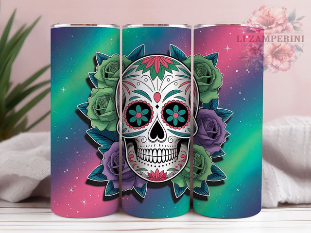 Floral Sugar Skull Día De Los Muertos Tumbler, Día de los Muertos Mug, Floral Skull Art, 20Oz Tumbler Wrap, Sublimation Design, Mexican Holiday Drinkware, Colorful Skull Print Sublimation Li Zamperini 