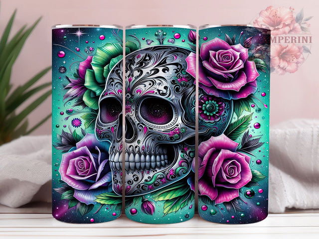 Floral Sugar Skull Día De Los Muertos Tumbler, Día de los Muertos Mug, Floral Skull Art, 20Oz Tumbler Wrap, Sublimation Design, Mexican Holiday Drinkware, Colorful Skull Print Sublimation Li Zamperini 