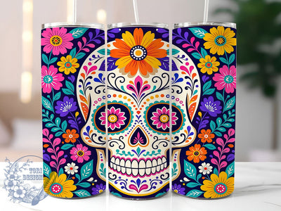 Floral Sugar Skull Glow 20oz Tumbler, Sugar Skull Motif, Floral Theme, Glow Art Design, Radiant Accent, Festive Charm, Sublimation Wrap, 20oz Tumbler Sublimation ToriDesigns 