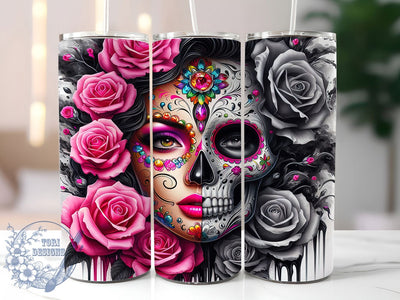 Floral Sugar Skull Tumbler, Sugar Skull, Day Of The Dead, Artistic Style, Whimsical Design, 20Oz Tumbler, Sublimation Wrap Sublimation ToriDesigns 