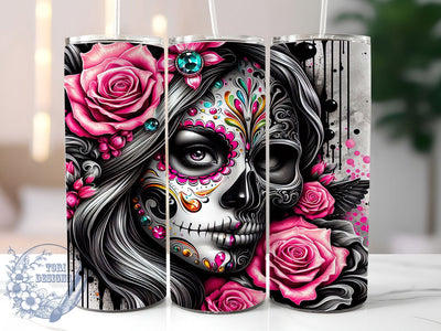 Floral Sugar Skull Tumbler, Sugar Skull, Day Of The Dead, Artistic Style, Whimsical Design, 20Oz Tumbler, Sublimation Wrap Sublimation ToriDesigns 