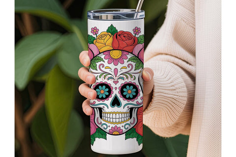 Floral Sugar Skull Tumbler Wrap Sublimation DesignSVG 