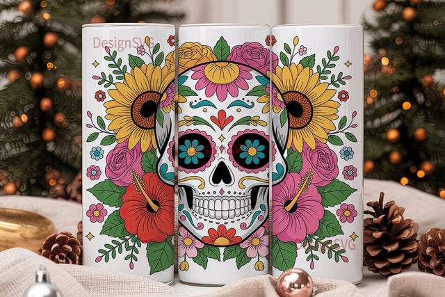 Floral Sugar Skull Tumbler Wrap Sublimation DesignSVG 