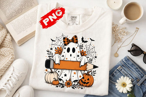 Floral Teacher Halloween Png, Halloween Teacher Pencil Png, Trick or Teach, Funny Teacher Png, Spooky Teacher Sublimation, Cute Ghost Png SVG DesignDestine 