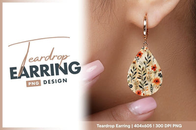 Floral Teardrop Earring Png Watercolor Design Sublimation Regulrcrative 