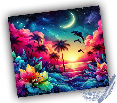 Floral Tropical Beach Ocea 20oz Skinny Tumbler PNG, Dolphins Tumbler Sublimation Wrap, Straight & Tapered Tumbler Wrap, Instant Digital Download Sublimation ToriDesigns 