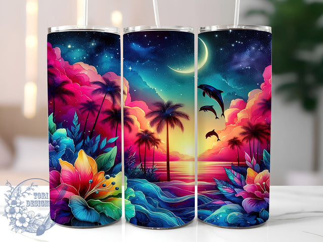 Floral Tropical Beach Ocea 20oz Skinny Tumbler PNG, Dolphins Tumbler Sublimation Wrap, Straight & Tapered Tumbler Wrap, Instant Digital Download Sublimation ToriDesigns 